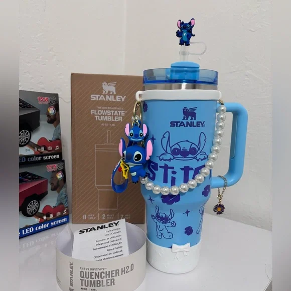 Stanley Blue and White Kids Tumbler with Stitch Charm - Picture 2 of 7